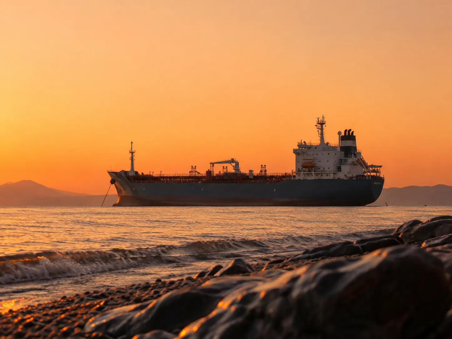 Tanker off the coast at dusk